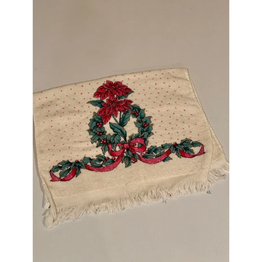 VTG Royal Terry B&D Christmas Hand Towel Poinsettia Wreath Fringe Cream Pink MCM